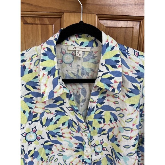 JM Collection 100% Linen Long Sleeve Button Down Shirt Blue Floral Women 18 EUC - Picture 2 of 7